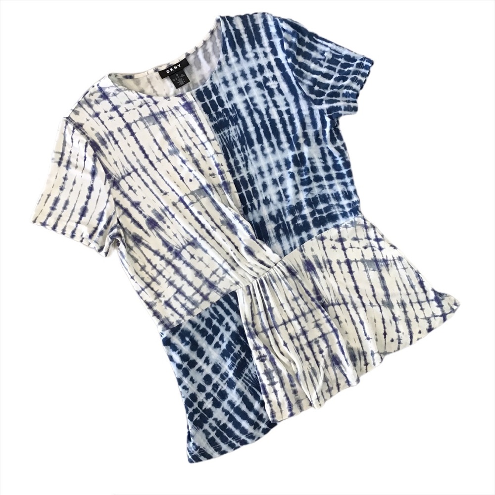 DKNY White and Blue Patterned Colour Blocked Top M